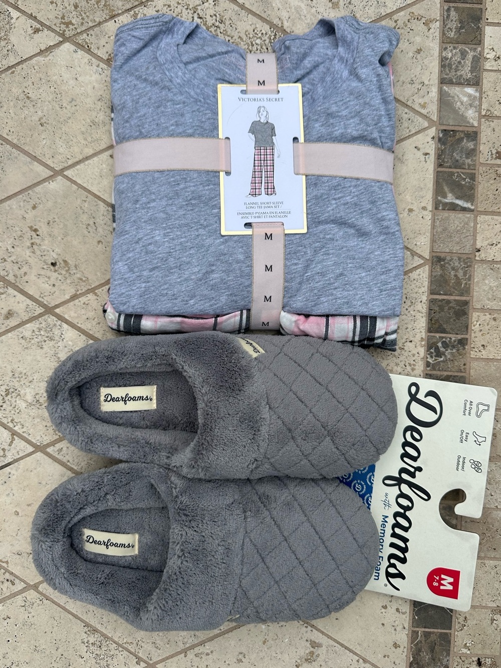 Victoria's Secret Gray Pajama Set with Gray Quilted Slippers